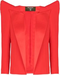 Balmain - Cropped Crepe Jacket With Structured Shoulders - Lyst