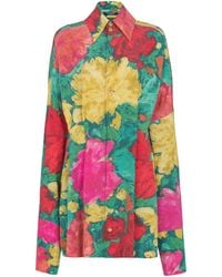 Balmain - Crepe Shirt Dress With Roses Print - Lyst