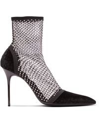 Balmain - Mesh Heeled Ankle Boots With Velvet And Rhinestones - Lyst