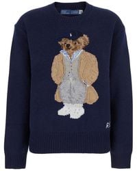 Polo Ralph Lauren - Blue Crewneck Sweater With Maxi Logo Bear On The Front In Wool And Cashmere Woman - Lyst