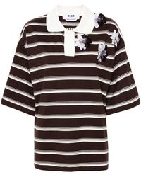 MSGM - Striped Cotton Polo Shirt With Applied Flowers - Lyst