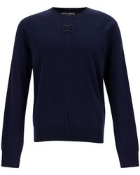 Dolce & Gabbana - Blue Crewneck Sweater With Tonal Logo Embroidery In Wool Man - Lyst