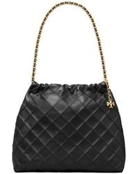Tory Burch - 'fleming' Black Diamond Quilted Shoulder Bag With Chain-link Handles In Leather Woman - Lyst