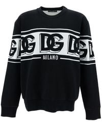 Dolce & Gabbana - Black Crewneck Sweater With Dg Motif In Wool Blend Man - Lyst
