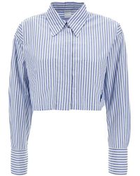 Pinko - Light Blue Cropped Striped Shirt With Two Patch Pockets In Cotton Blend Woman - Lyst