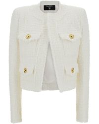 Balmain - Mini White Dress With V Neckline And Jewel Buttons In Tweed Woman - Lyst