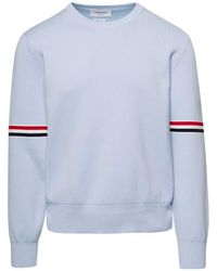 Thom Browne - Light E Crewneck Sweater With Tricolor Band Detail On Sleeves In Cotton Man - Lyst