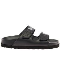 Palm Angels - Black Leather Sandals With Palm Logo Print Angels Woman - Lyst