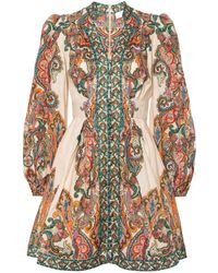 Zimmermann - Ottie Plunge Mini Dress In Linen With Paisley Print - Lyst