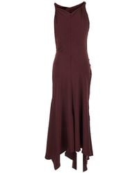 Victoria Beckham - Bordeaux Midi Dress With Draped Neckline And Asymmetric Hem - Lyst
