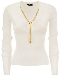 Elisabetta Franchi - Long-sleeved Ribbed Viscose Top With Necklace - Lyst