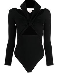 Alexander McQueen Bow Detail Long-sleeved Bodysuit in Black Womens Clothing Lingerie Bodysuits 