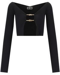 Elisabetta Franchi - Black Cropped Cardigan With Logo Detail - Lyst