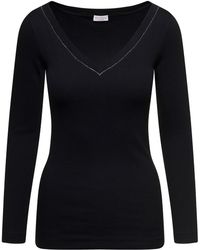 Brunello Cucinelli - Black V-neck Pullover With Beads Detailing In Stretch Cotton Woman - Lyst