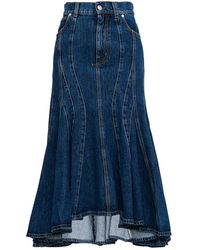 Alexander McQueen Long Midi Skirt In Denim - Blue