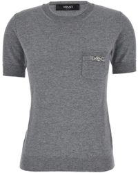 Versace - Grey T-shirt With Medusa Detail In Wool Blend Woman - Lyst