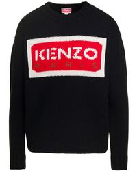 KENZO - Black Long-sleeved Sweater With Contrasting Maxi Logo In Wool - Lyst