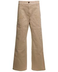Palm Angels - Beige 'cargo' Pants With Embroidered Palm In Cotton Denim Woman - Lyst
