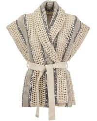 Brunello Cucinelli - Dazzling Stripe Cardigan In Jute, Linen, Cotton And Silk Net Stitch With Belt - Lyst