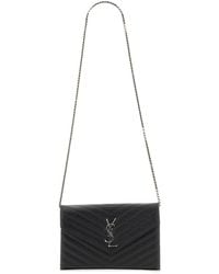 Saint Laurent - Quilted Textured Leather Monogram Wallet With Chain - Lyst