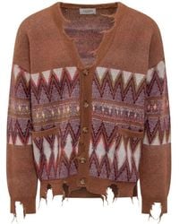 Laneus - Patterned Cardigan With Frayed Hems - Lyst