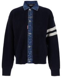 DSquared² - Cardigan With Denim Panels And Striped Details On The Sleeve - Lyst