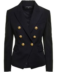 Balmain - Black Double-breasted Jacket With Branded Buttons And Asymmetric Cut In Wool Woman - Lyst