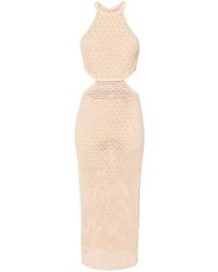 Twin Set - Perforated Linen And Cotton Midi Dress With Rhinestones - Lyst