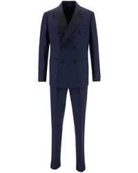 Lardini - Blue Double-breasted Suit With Contrasting Revers In Stretch Wool Man - Lyst