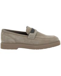 Brunello Cucinelli - Grey Loafers With Monile Detail In Suede Woman - Lyst