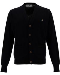 Vivienne Westwood - Black V Neck Cardigan With Orb Embroidery In Cotton And Cashmere Man - Lyst