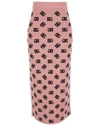 Dolce & Gabbana - Pink Skirt With Pencil Design And All-over Printed Dg Logo In Viscose Blend Woman - Lyst