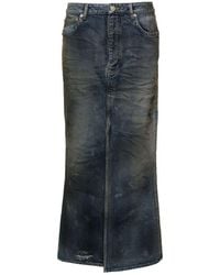 Balenciaga - Dark Blue Maxi Skirt With Crinkled Effect With Logo Patch In Cotton Denim Woman - Lyst