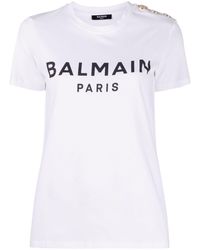 Balmain - Cotton T-Shirt With Front Printed Logo And Buttons - Lyst