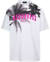 DSquared² - White Crewneck T-shirt With Palms Logo Print In Cotton Jersey D-squared2 - Lyst