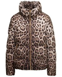 Dolce & Gabbana - Brown Down Jacket With High-neck With All-over Leo Print In Nylon Woman - Lyst