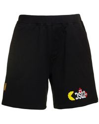 DSquared² - Black Shorts With Logo X Pacman Print In Cotton Man - Lyst