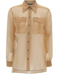Alberta Ferretti - Beige Shirt With Pointed Collar And Patch Pockets In Silk Chiffon Woman - Lyst