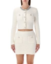 Self-Portrait - Cream Bouclé Knit Cropped Cardigan With Crystal Buttons - Lyst