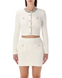 Self-Portrait - Cream Bouclé Knit Cropped Cardigan With Crystal Buttons - Lyst