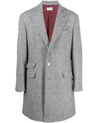 Brunello Cucinelli Cotton Double-breasted Fine Knit Coat in Grey for Men Mens Clothing Coats Long coats and winter coats Grey 