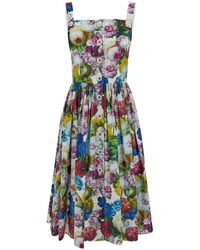 Dolce & Gabbana - Midi Multicolor Dress With All-over Floreal Print And Flared Skirt In Cotton Woman - Lyst