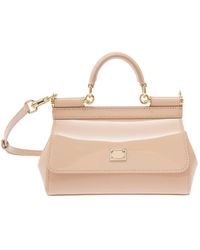 Dolce & Gabbana - 'mini Sicily' Beige Handbag With Logo Plaque In Patent Leather Woman - Lyst