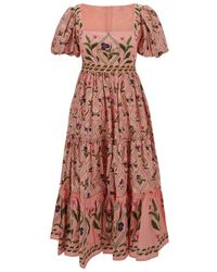 Agua Bendita - Long Pink 'alga Pacifico' Dress With Floral Print All-over In Cotton Woman - Lyst