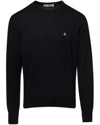 Vivienne Westwood - Black Crewneck Sweater With Embroidered Logo In Wool Blend Man - Lyst