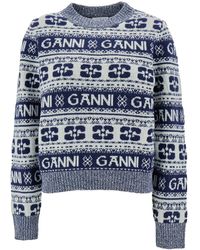 Ganni - Blue And White Sweater With Jacquard Logo Motif In Wool Woman - Lyst