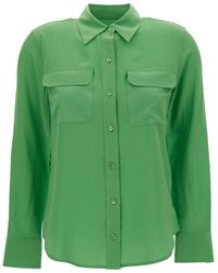 Equipment - Green Satin Slim Signature Shirt In Silk Woman - Lyst