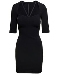Dolce & Gabbana - Black Mini Dress With Short Sleeves And Neckline Detail In Viscose Blend Woman - Lyst