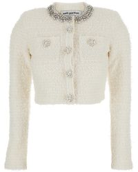 Self-Portrait - Crewneck Cropped Cardigan With Crystal Embellishments On The Collar - Lyst