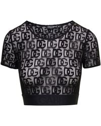Dolce & Gabbana - Crew Neck Cropped Top With Dg Logo All-over In Cotton Blend Woman - Lyst